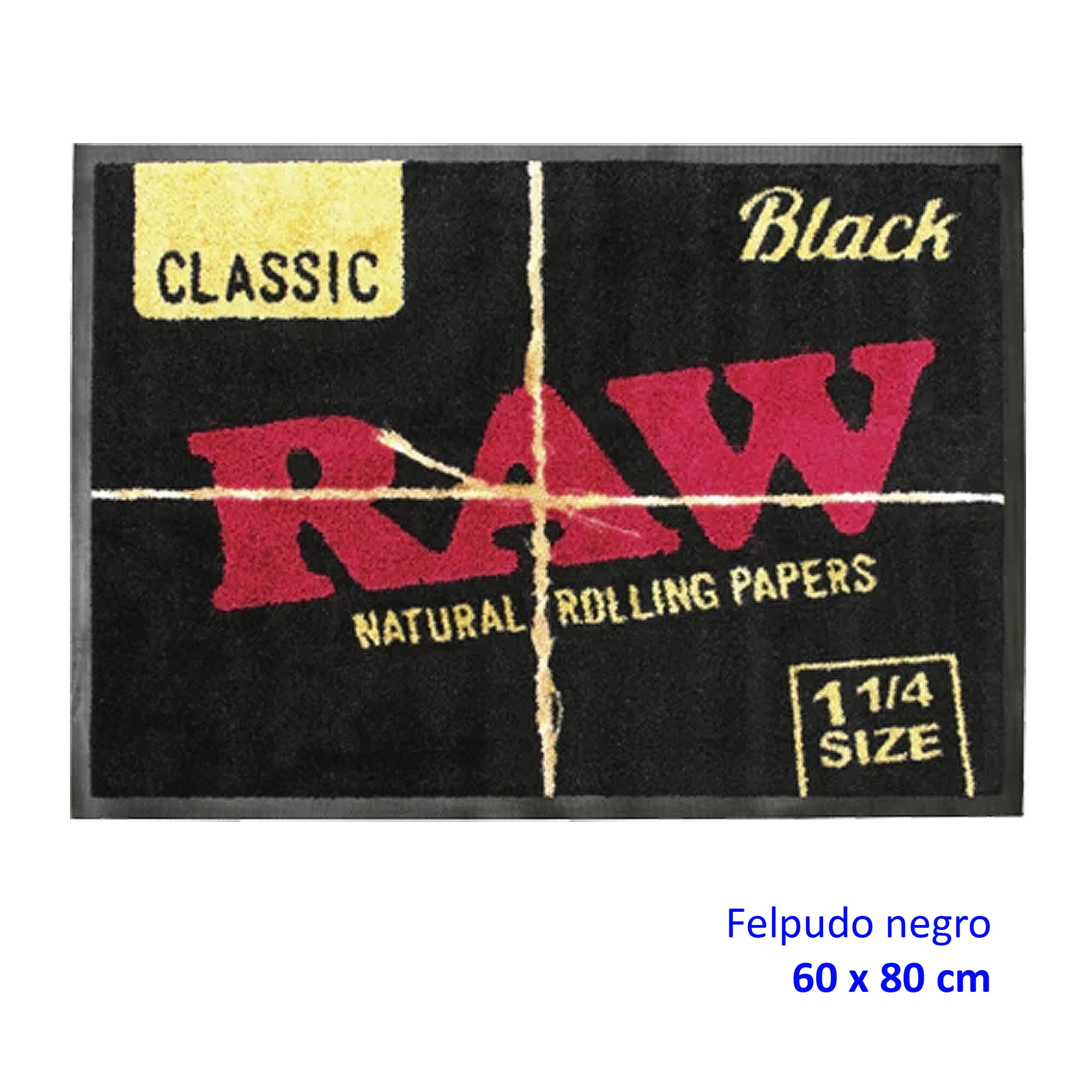 Felpudo negro RAW de 60 × 80 cm, con logotipo rojo, letras amarillas y líneas cruzadas que imitan un cordel.
