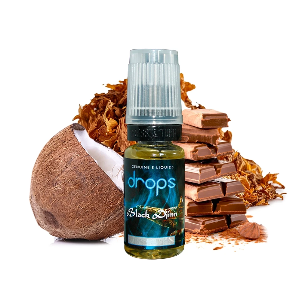 Frasco de e-líquido Drops Black Djinn con tapón translúcido, delante de medio coco, trozos de chocolate y hojas de tabaco.