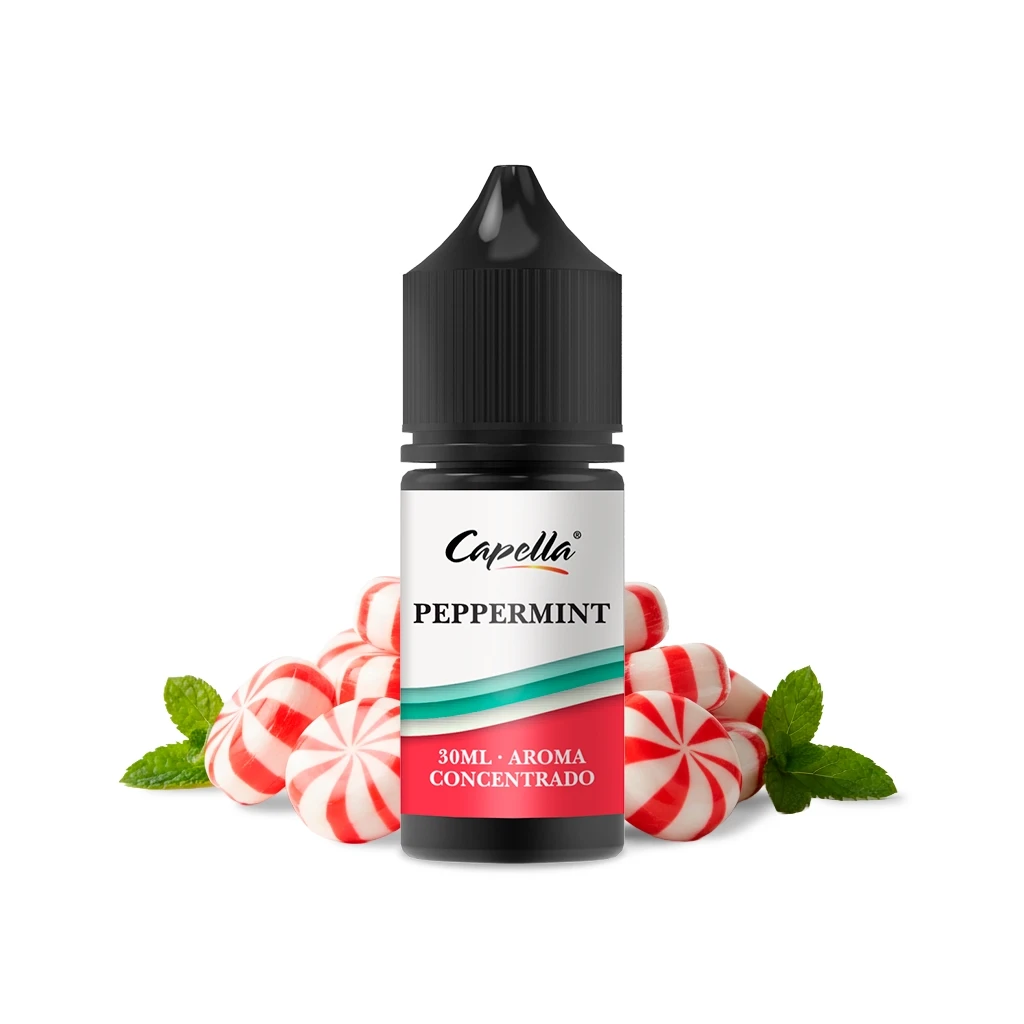 Frasco de aroma concentrado Peppermint de Capella, con tapón negro y etiqueta de 30 ml, ante caramelos rojos y blancos y hojas verdes.