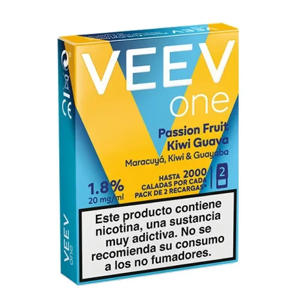 Caja amarilla y azul de recargas VEEV One Maracuyá, Kiwi y Guayaba, con indicación de 20 mg/ml y advertencia sobre nicotina en español.