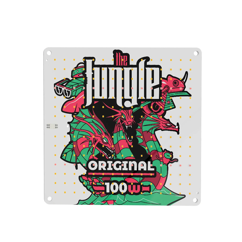 Panel LED Jungle Jackson Original de 100 W, con ilustración de dragones verdes y rosas, pequeños diodos y orificios en las esquinas.