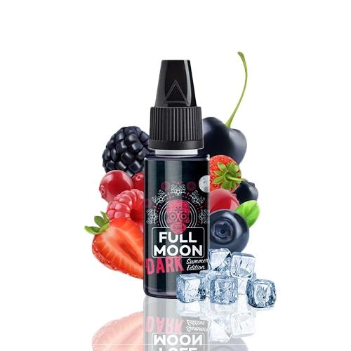 Frasco negro de aroma Full Moon Dark con tapón alargado, rodeado de frutos rojos, bayas oscuras y cubitos de hielo sobre fondo blanco.