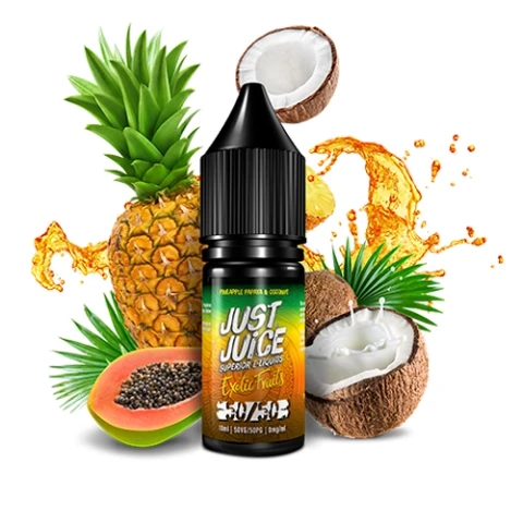 Frasco Just Juice Exotic Fruits 50/50 con tapón negro, rodeado de piña, papaya y coco, con una salpicadura naranja al fondo.