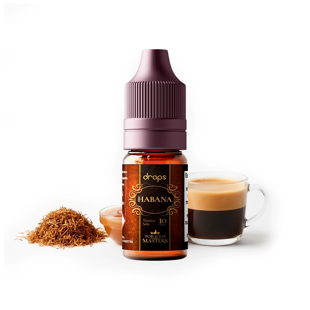 Frasco de Drops Tobacco Masters Salts Habana con tapón granate, acompañado de tabaco picado, una taza de café y un cuenco con líquido ámbar.