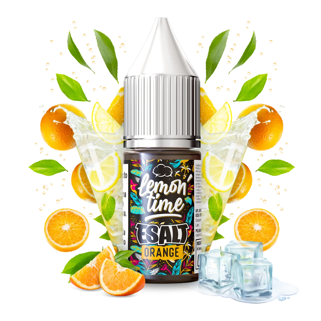 Frasco Lemon Time Orange E-Salt con tapón blanco, rodeado de naranjas, rodajas de limón, hojas verdes y cubitos de hielo sobre fondo negro.