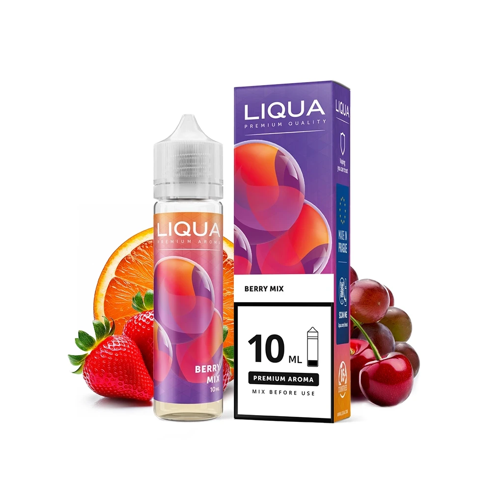 Frasco Liqua Berry Mix junto a su caja morada, rotulada 10 ml, rodeado de fresas, cerezas, uvas y una rodaja de naranja.