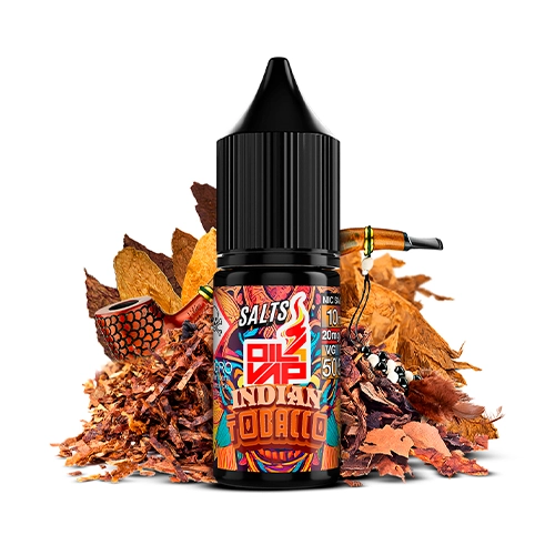 Frasco de Oil4Vap Indian Tobacco Salts con tapón negro y etiqueta multicolor, rodeado de hojas secas, tabaco picado y pipas decorativas.