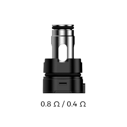 Resistencia Uwell Crown M de cuerpo plateado y base negra, con abertura lateral y valores de 0,8 Ω / 0,4 Ω bajo la pieza.