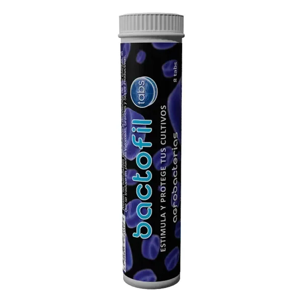 Tubo vertical Bactofil Tabs con tapón gris y etiqueta negra, letras turquesas y motivos azules sobre fondo blanco.
