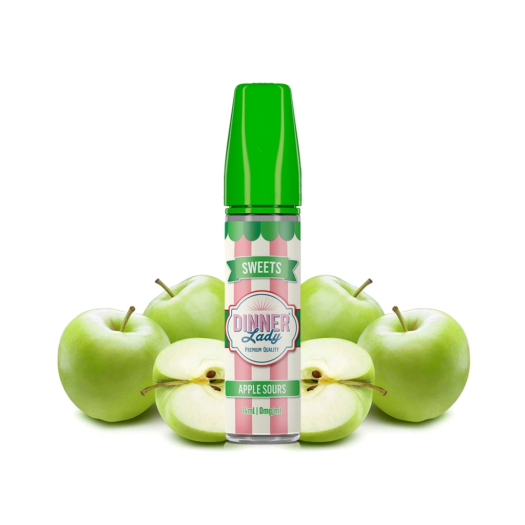 Frasco Dinner Lady Apple Sours de 14 ml con tapón verde y etiqueta de rayas rosas y blancas, rodeado de manzanas verdes enteras y cortadas.