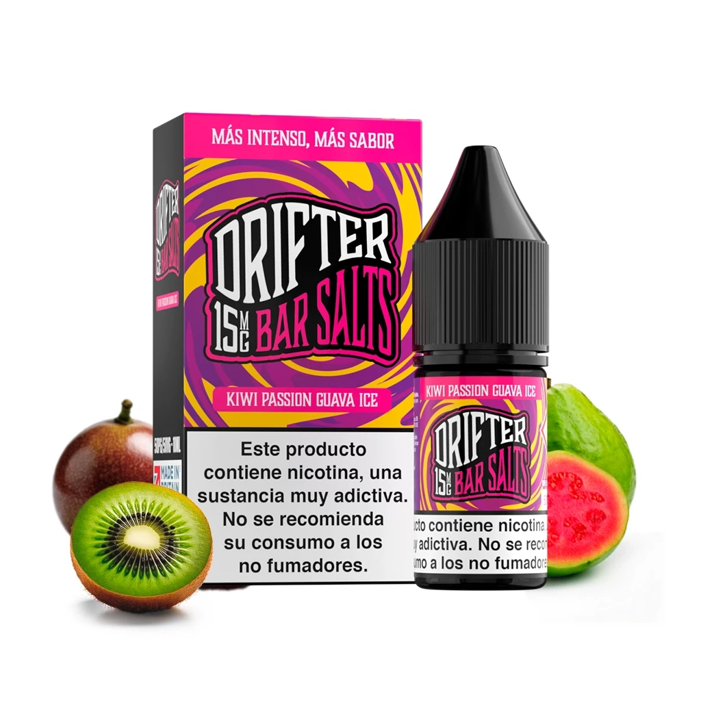 Frasco y caja de Drifter Bar Salts Kiwi Passion Guava Ice, con advertencia de nicotina y frutas alrededor sobre fondo blanco.