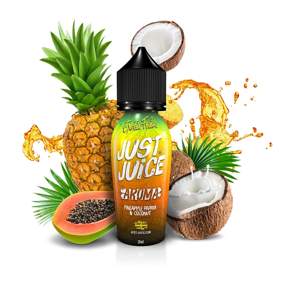 Frasco Just Juice Exotic Fruits de 20 ml, rodeado de piña, papaya, cocos abiertos y salpicaduras decorativas sobre fondo blanco.