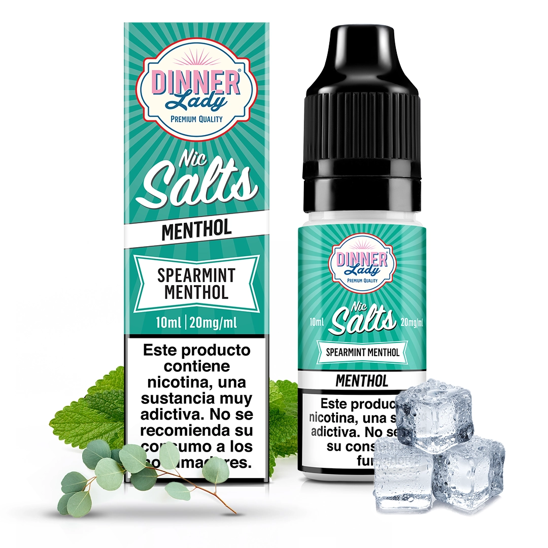 Frasco y caja de Dinner Lady Salts Spearmint Menthol con etiquetas turquesas, 10 ml y 20 mg/ml, junto a hojas verdes y cubitos de hielo.