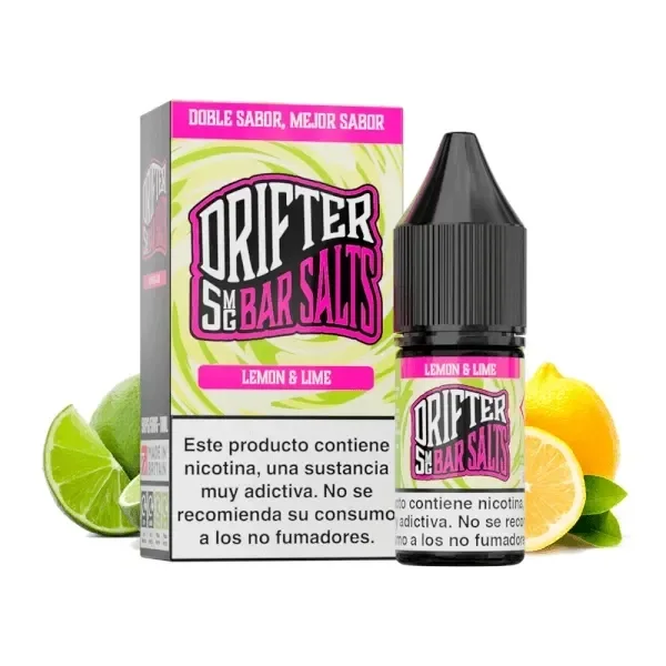 Frasco y caja de Drifter Bar Salts Lemon & Lime, con etiquetas verdes y rosas, advertencia de nicotina y limones y limas alrededor.