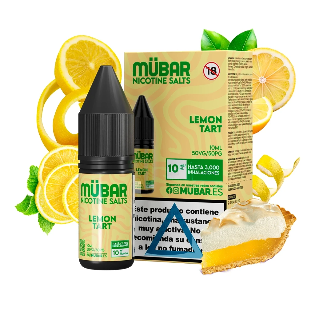 Frasco y caja de Mübar Salts Lemon Tart con etiqueta amarilla y verde, rodeados de limones y una porción de tarta de limón.