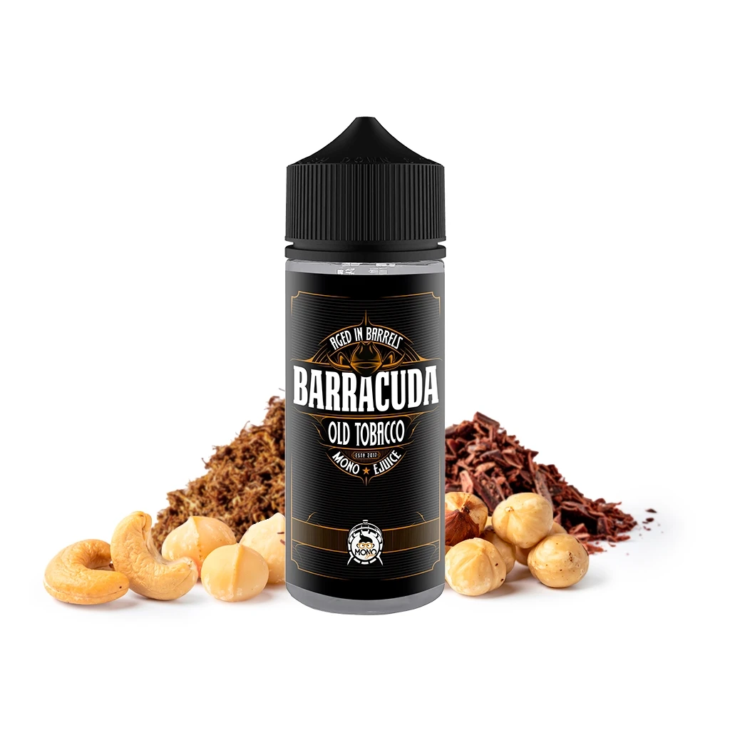 Bote de Mono eJuice Barracuda con tapón negro y etiqueta Old Tobacco, rodeado de anacardos, avellanas y montones de hebras marrones.