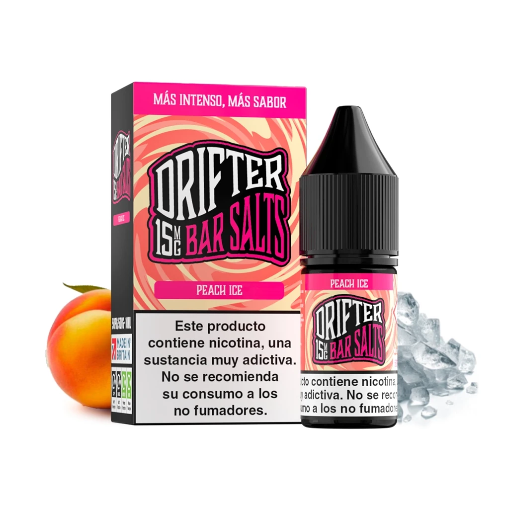 Bote y caja de Drifter Bar Salts Peach Ice en tonos rosa y naranja, con un melocotón, cubitos de hielo y advertencia sobre nicotina.