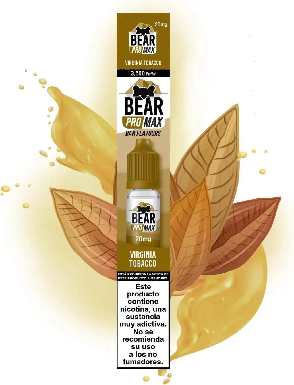 Envase Bear Pro Max Virginia Tobacco de 20 mg con un frasco representado en el frontal, hojas de tabaco ilustradas y advertencia sobre nicotina.