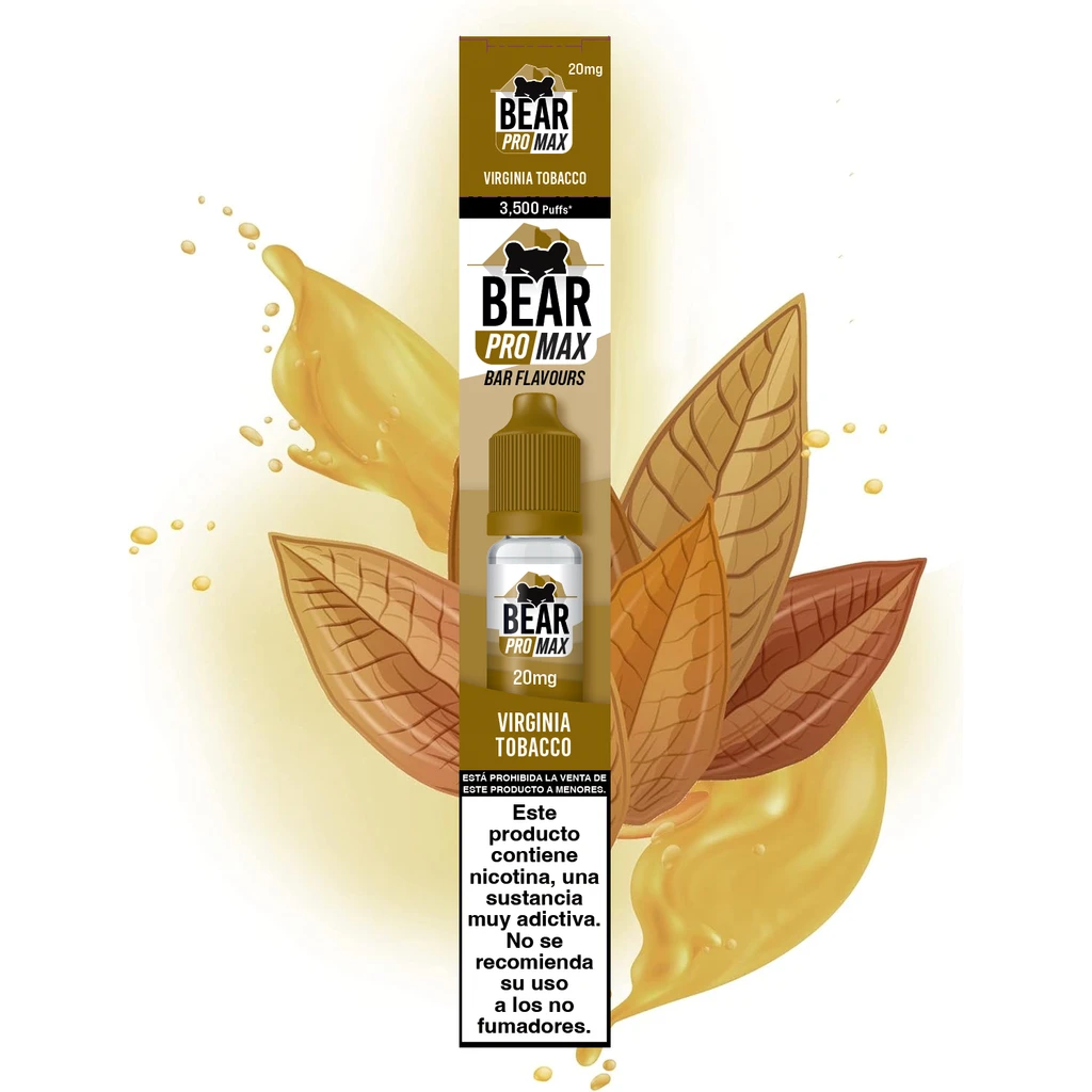 Envase Bear Pro Max Virginia Tobacco de 20 mg con un frasco representado en el frontal, hojas de tabaco ilustradas y advertencia sobre nicotina.