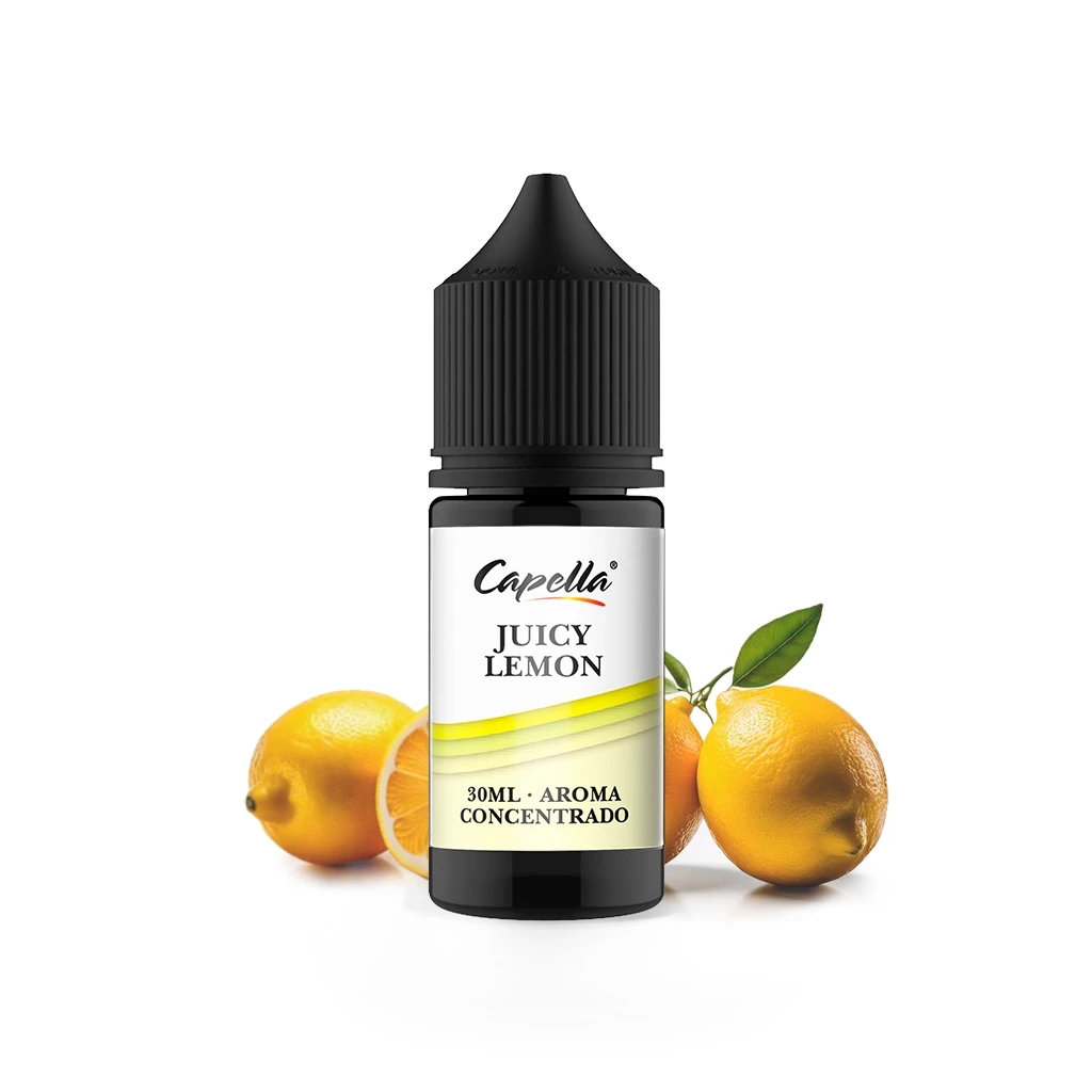 Frasco de aroma Capella Juicy Lemon de 30 ml, con tapón negro y etiqueta blanca, rodeado de limones sobre fondo blanco.