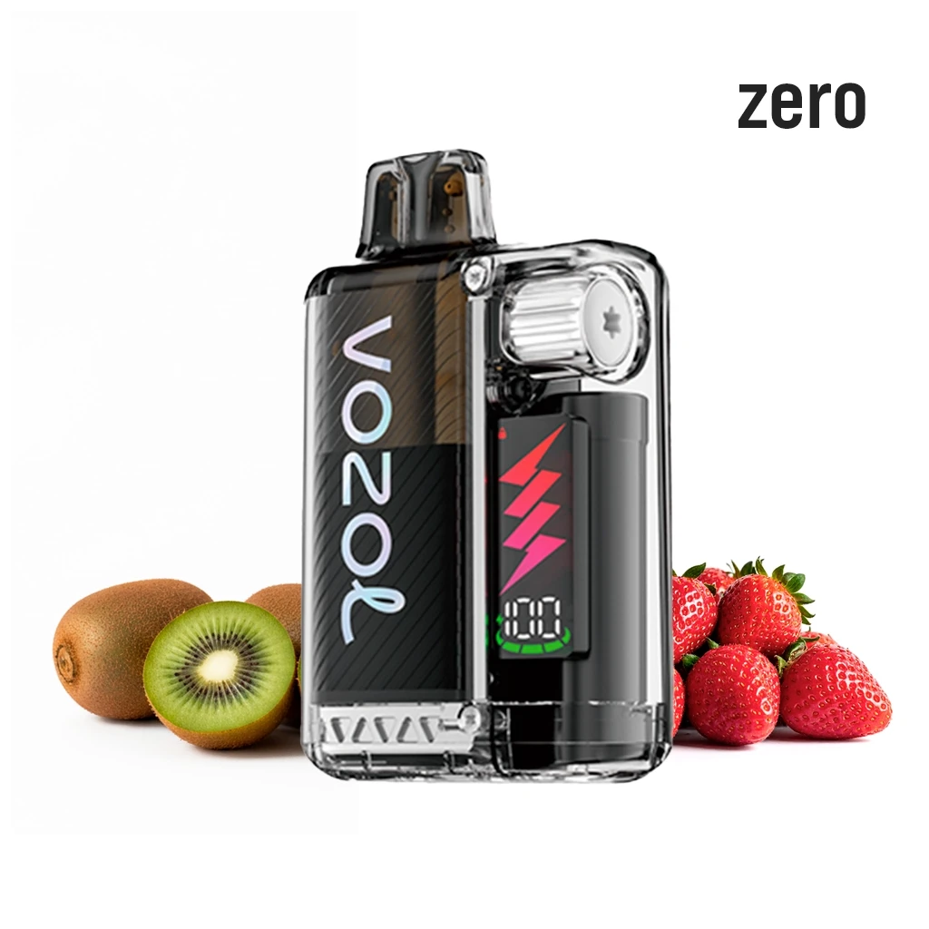 Vozol Vista Plug 2+10 Kit Strawberry Kiwi Zero con carcasa transparente, pantalla frontal y fresas y kiwis a los lados.