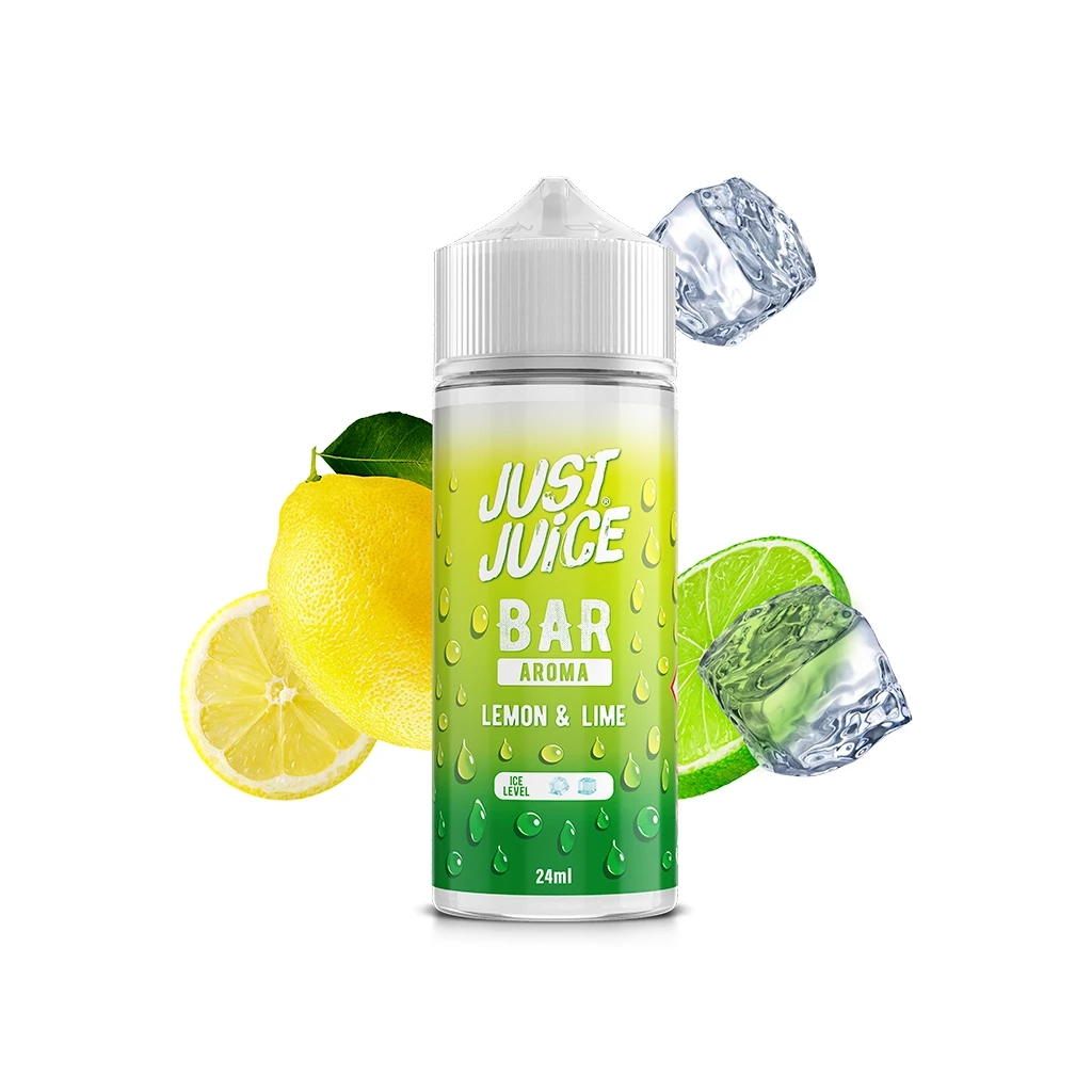 Frasco Just Juice Bar Lemon & Lime de 24 ml con tapón blanco y etiqueta verde, rodeado de limón, lima y cubitos de hielo.