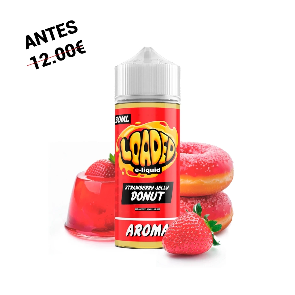 Bote Loaded Strawberry Jelly Donut Longfill de 30 ml con tapón blanco, junto a donuts de cobertura rosa, gelatina y fresas.