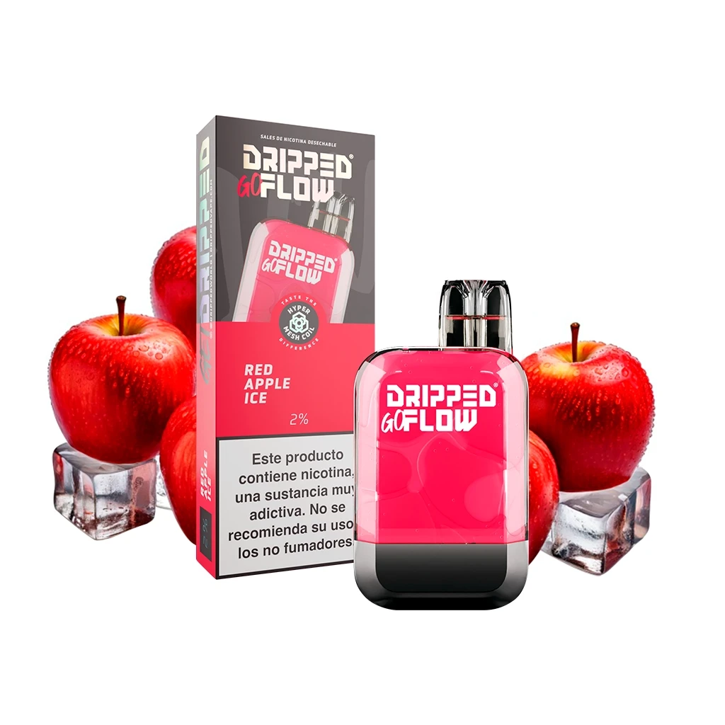 Vapeador Dripped GoFlow Red Apple Ice rosa con boquilla negra, junto a su caja, manzanas rojas y cubitos de hielo.