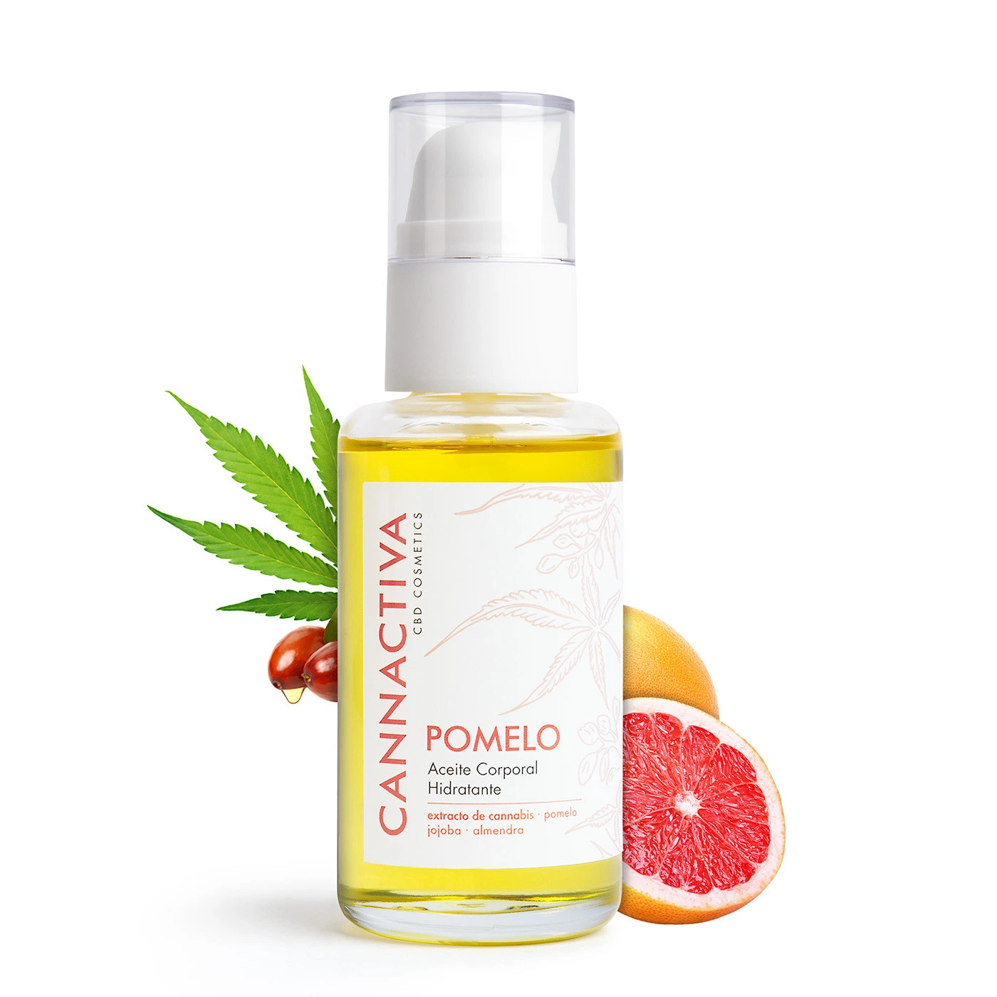 Aceite corporal Pomelo de Cannactiva en frasco con dosificador blanco, junto a un pomelo cortado y hojas verdes.