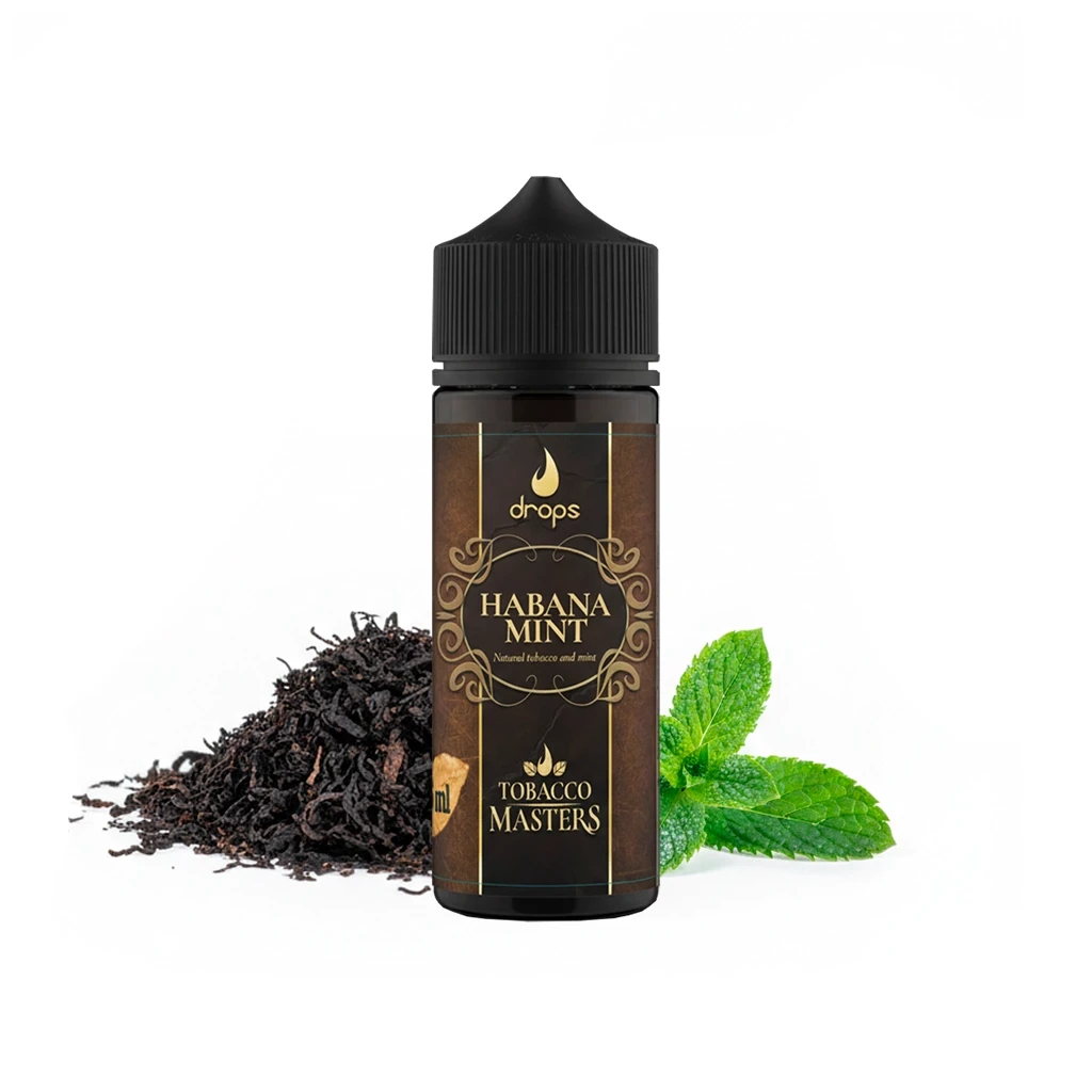 Bote Drops Tobacco Masters Habana Mint con tapón negro y etiqueta marrón y dorada, junto a tabaco picado y hojas de menta.