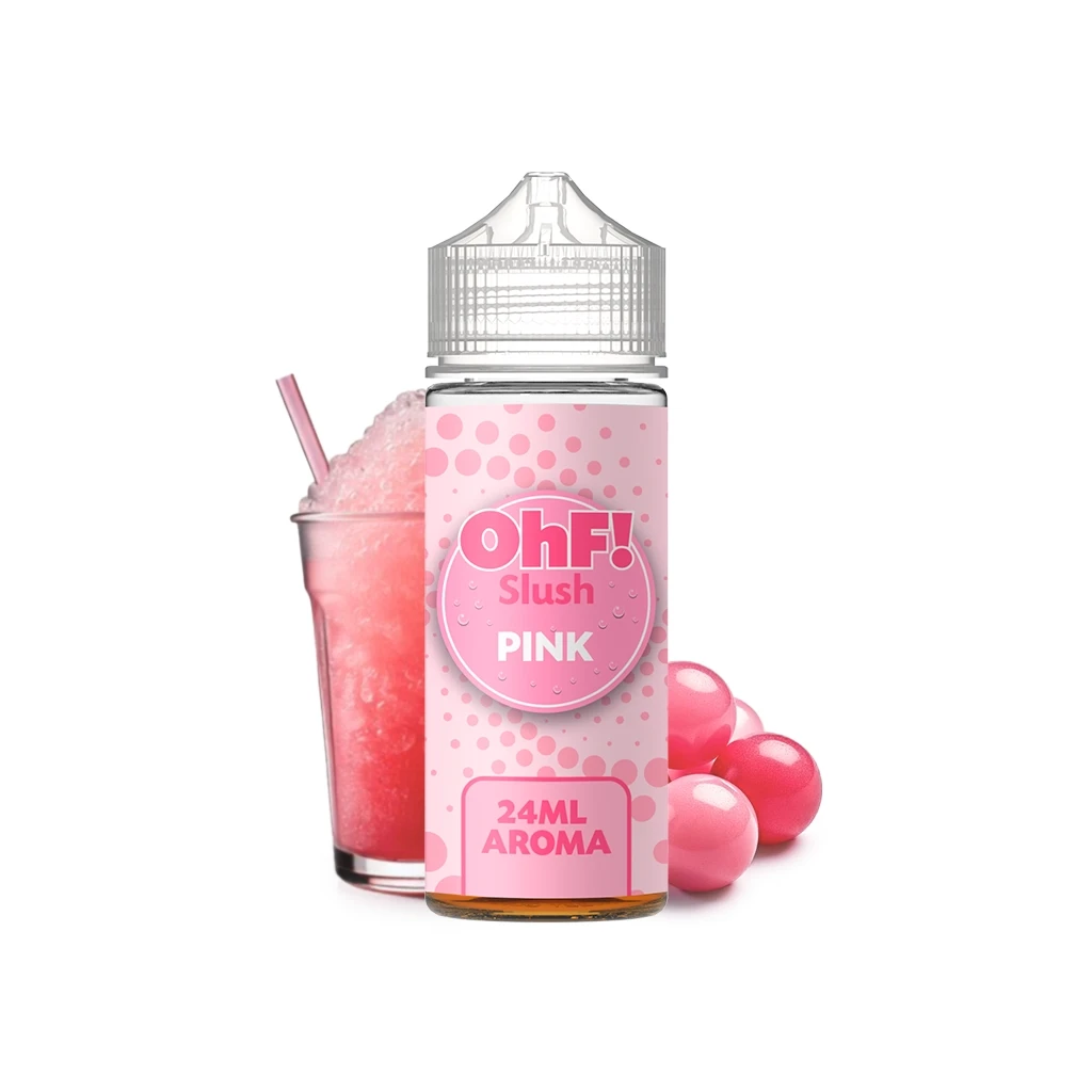 Botella OhF! Slush Pink Longfill con etiqueta rosa de 24 ml, junto a un vaso de granizado rosa y varias esferas del mismo color.