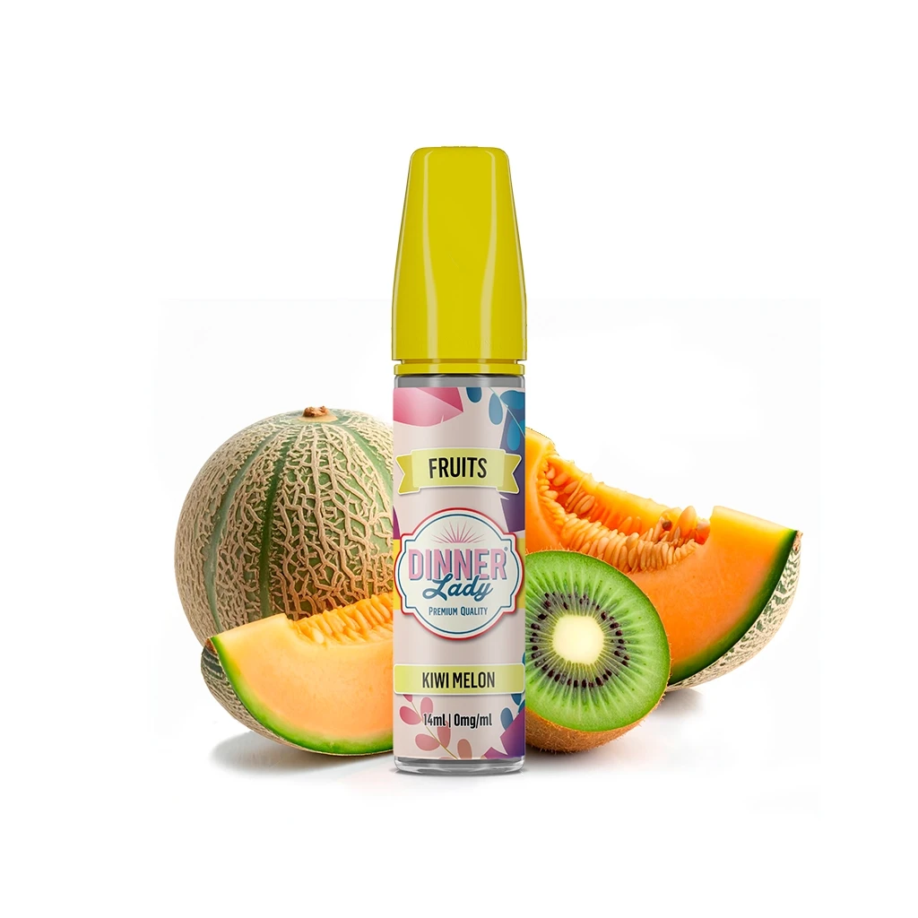 Frasco Dinner Lady Melon Kiwi Longfill con tapón amarillo y etiqueta Kiwi Melon, rodeado de melón entero, rodajas de melón y kiwi.
