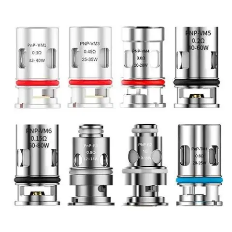 Selección de resistencias Voopoo PnP en dos filas, con distintos formatos, valores de ohmios y juntas rojas, negras y azules.
