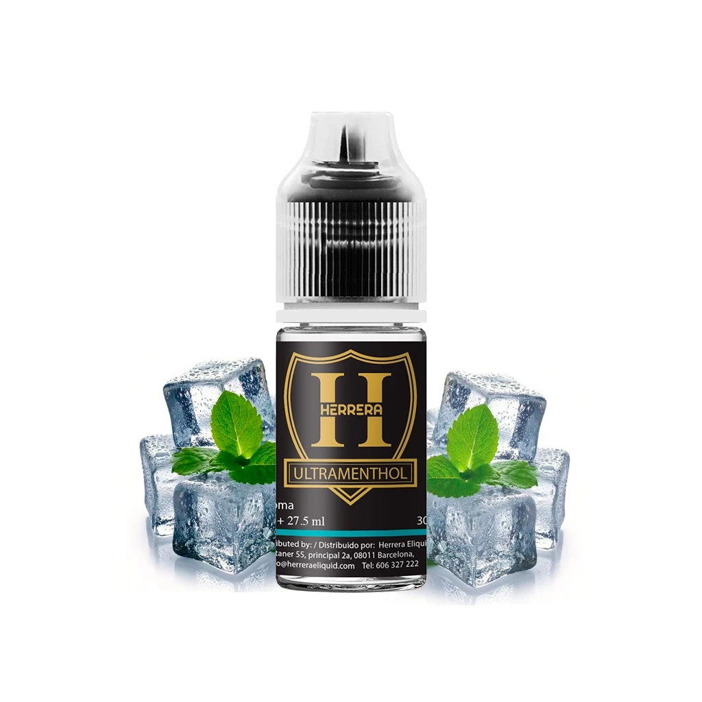 Frasco Herrera Ultramenthol con etiqueta negra y dorada y tapón transparente, rodeado de cubitos de hielo y hojas de menta.