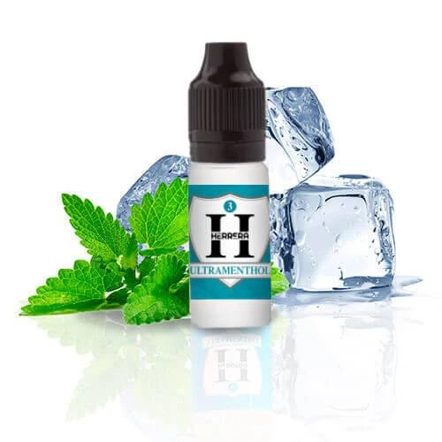 Frasco de Herrera Ultramenthol con tapón negro y etiqueta turquesa, rodeado de hojas de menta y cubitos de hielo sobre fondo blanco.