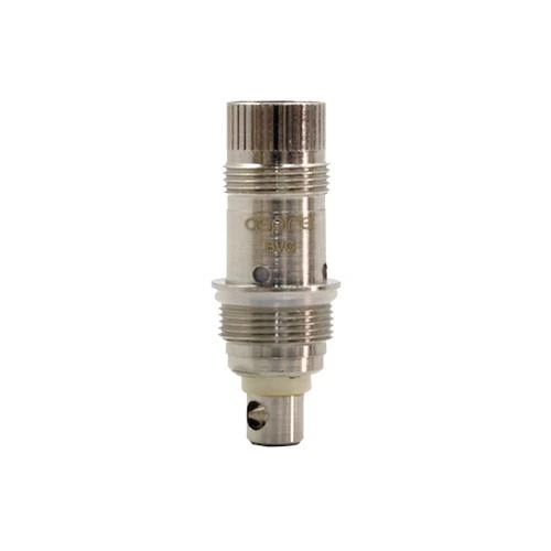 Resistencia Aspire Nautilus BVC de acabado metálico, en posición vertical, con zonas roscadas y orificio lateral sobre fondo blanco.