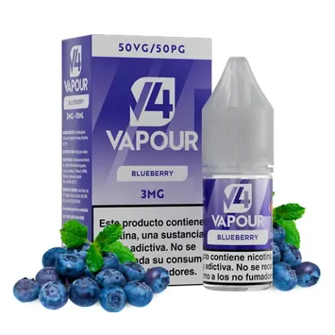 Frasco de e-líquido V4 Vapour Blueberry con tapón gris junto a su caja violeta, con indicación de 3 mg y arándanos alrededor.