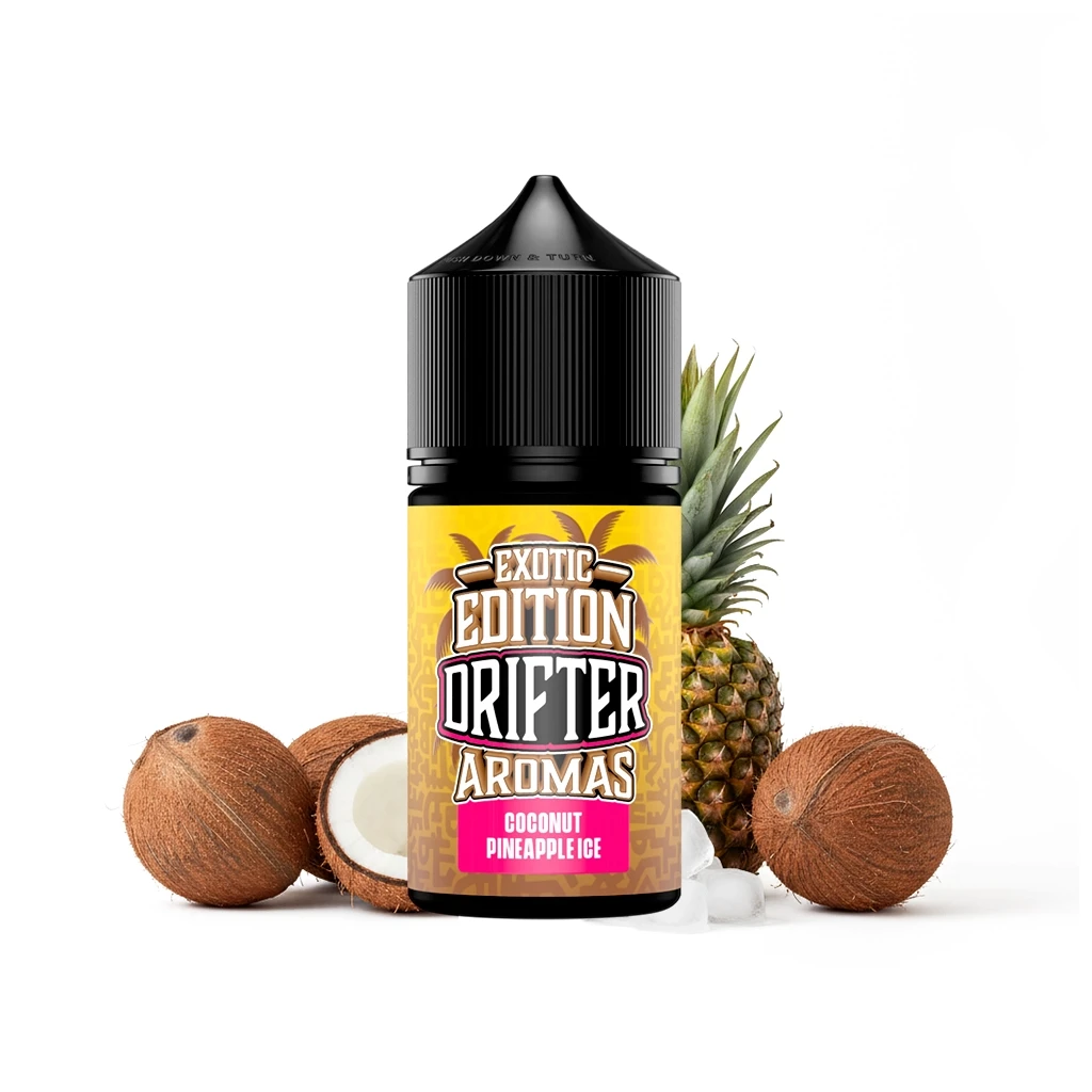 Frasco Drifter Exotic Coconut Pineapple Ice con tapón negro y etiqueta amarilla, rodeado de cocos, una piña y cubitos de hielo.