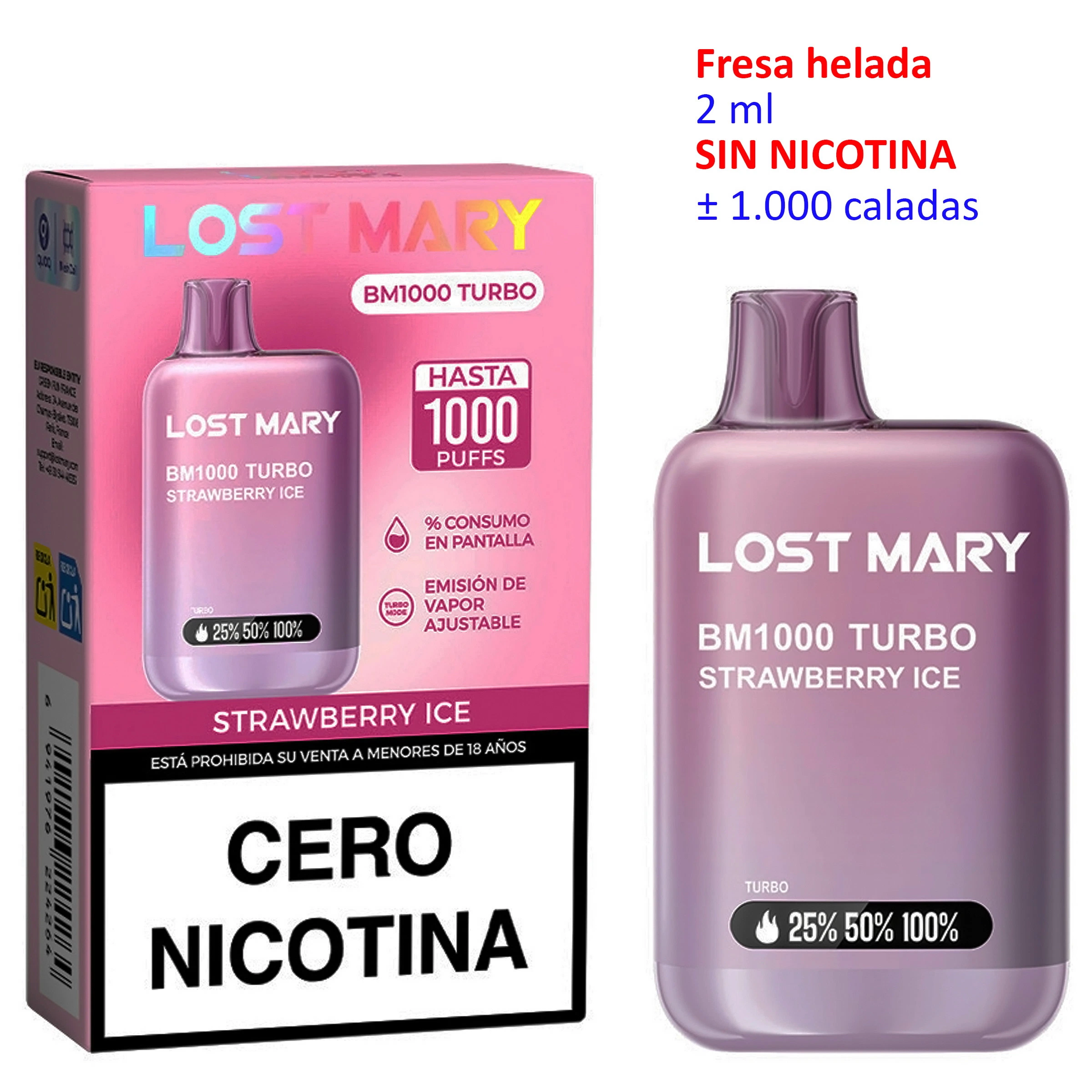 Vapeador rosa Lost Mary BM1000 Turbo Strawberry Ice junto a su caja, con textos de cero nicotina, 2 ml y hasta 1000 caladas.