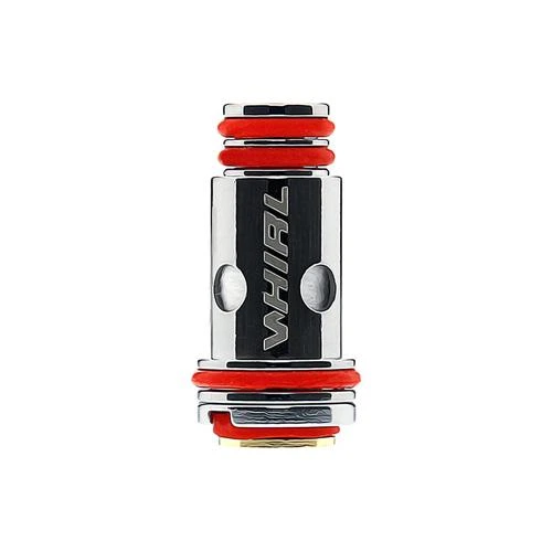 Resistencia Uwell Whirl Coil cilíndrica, con acabado plateado, juntas rojas y aberturas laterales sobre fondo blanco.