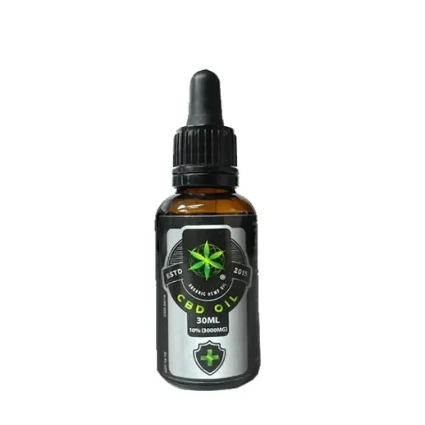 Frasco ámbar de CBD Oil Plant of Life 10% con cuentagotas negro y etiqueta plateada con una hoja verde y la indicación 30 ml.