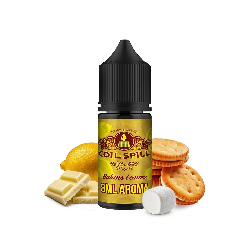 Frasco Coil Spill Bakers Lemons de 8 ml, con tapón negro y etiqueta amarilla, rodeado de limón, galletas, chocolate blanco y una nube dulce.