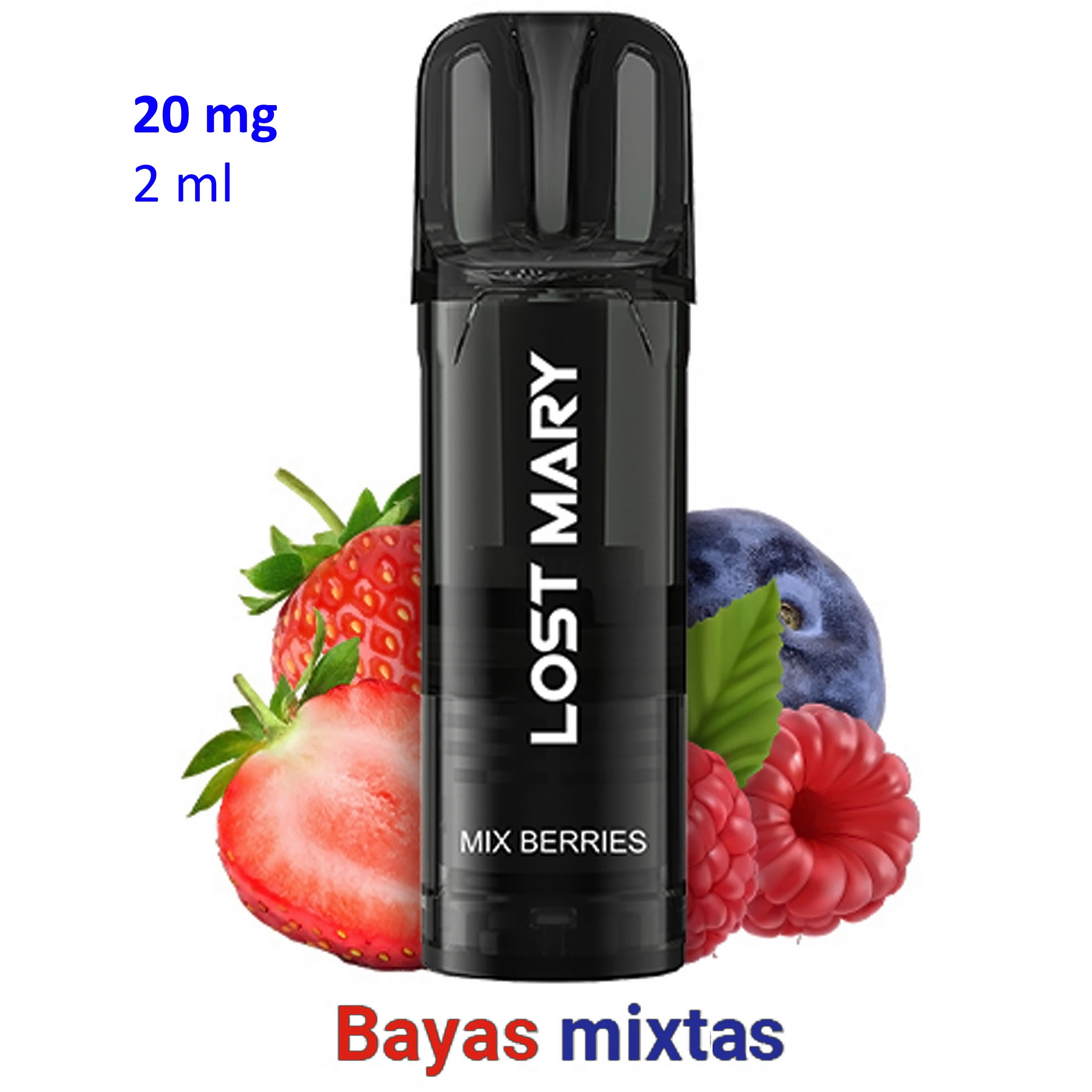 Pod negro Lost Mary Mix Berries con boquilla oscura, rodeado de fresas, arándanos y frambuesas; aparecen los textos 20 mg y 2 ml.