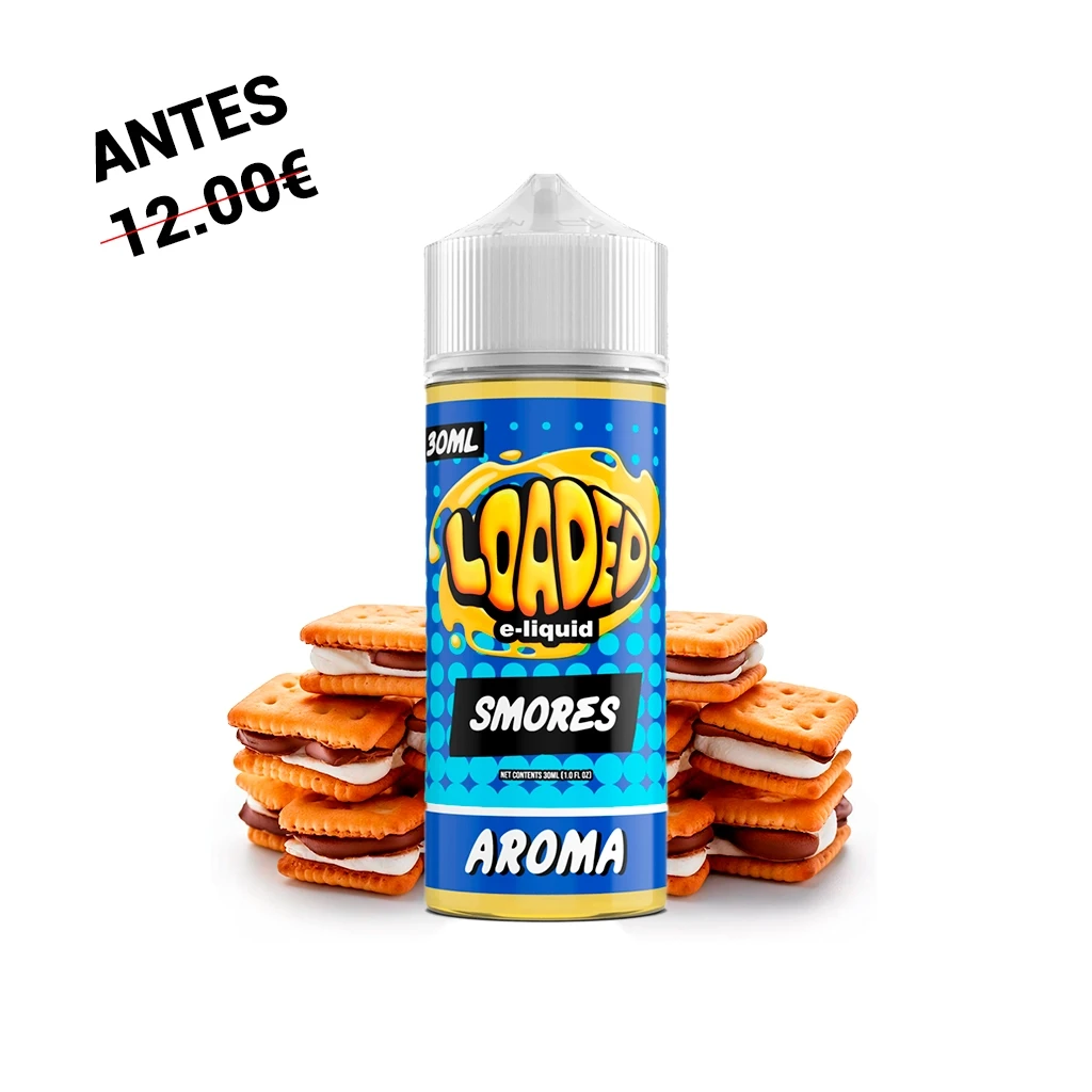 Frasco Loaded Smores Longfill de 30 ml, con tapón blanco y etiqueta azul y amarilla, ante galletas rellenas de chocolate y nubes dulces.