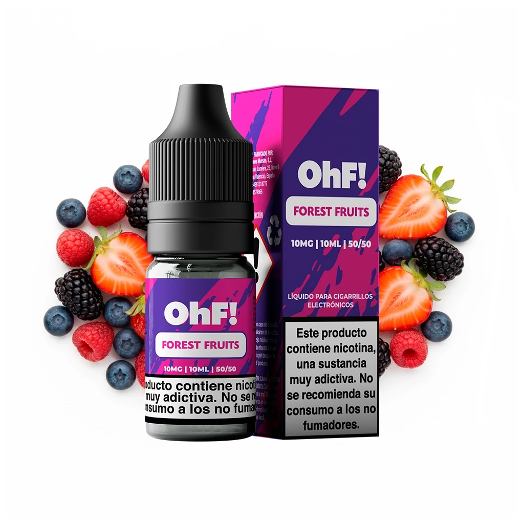 Frasco y caja OhF! Forest Fruits de 10 ml, con diseño morado y fucsia y advertencia de nicotina, rodeados de frutos rojos y arándanos.