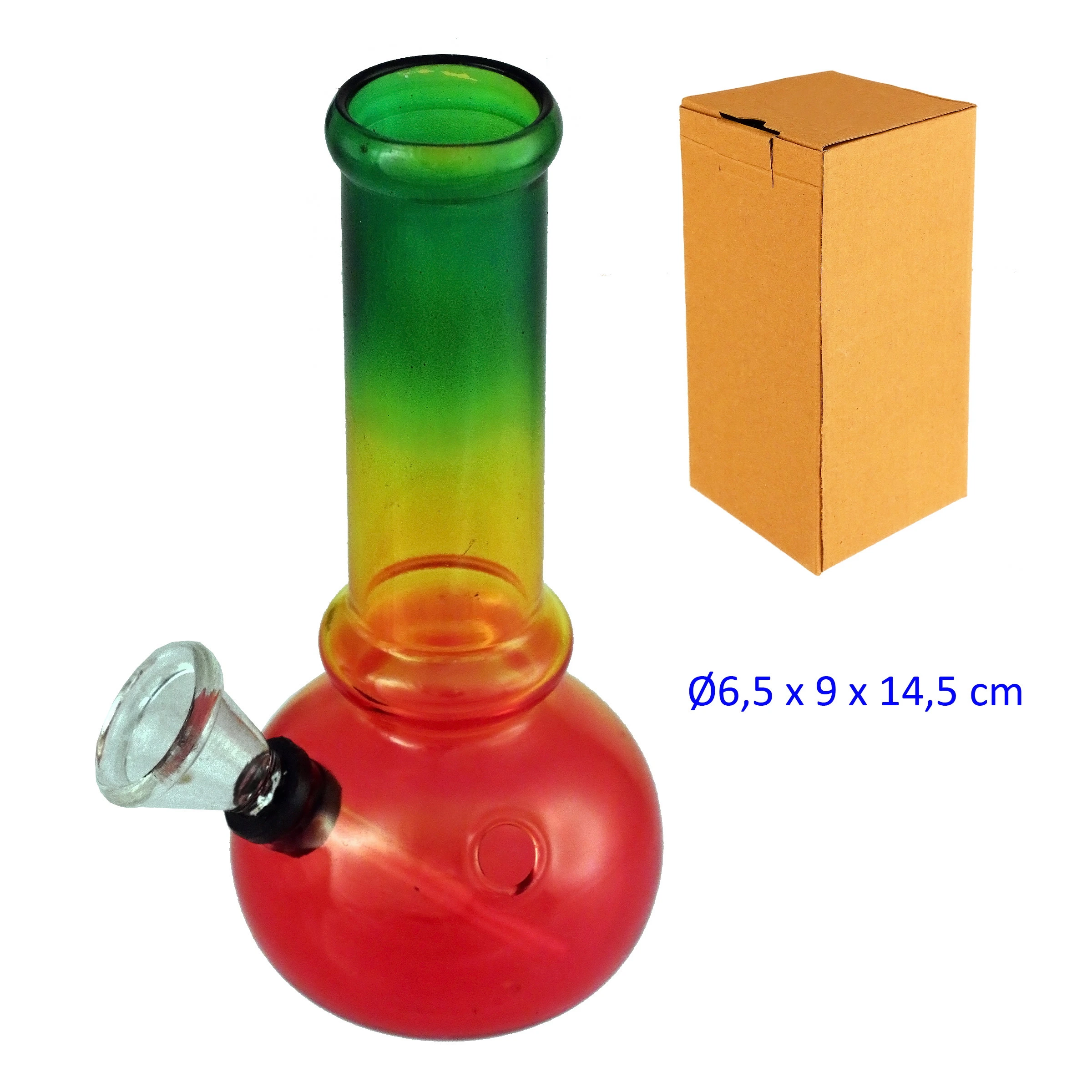 Bong de cristal tricolor con base esférica roja, cuello amarillo y verde y cazoleta lateral transparente, junto a una caja de cartón.