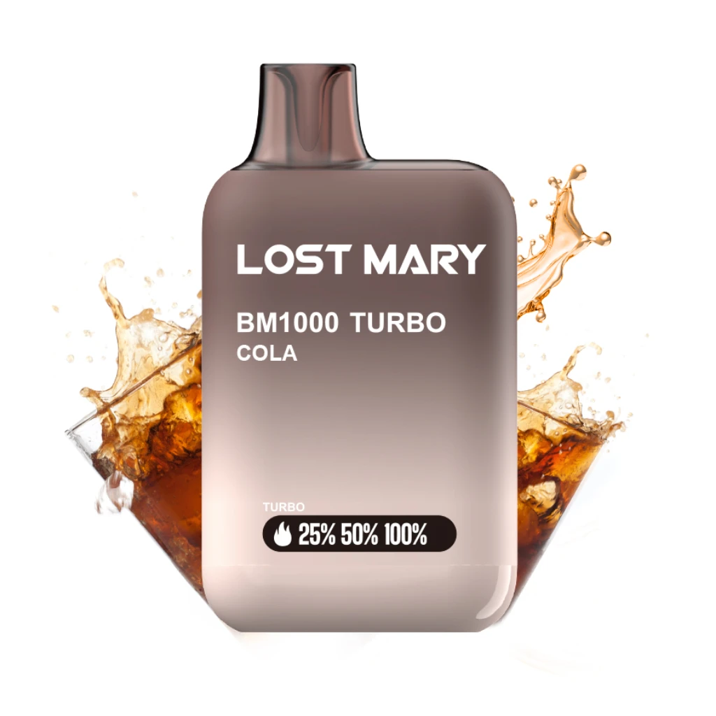 Vaper Lost Mary BM1000 Turbo Cola de cuerpo marrón degradado, con indicador de porcentajes y salpicaduras de refresco detrás.