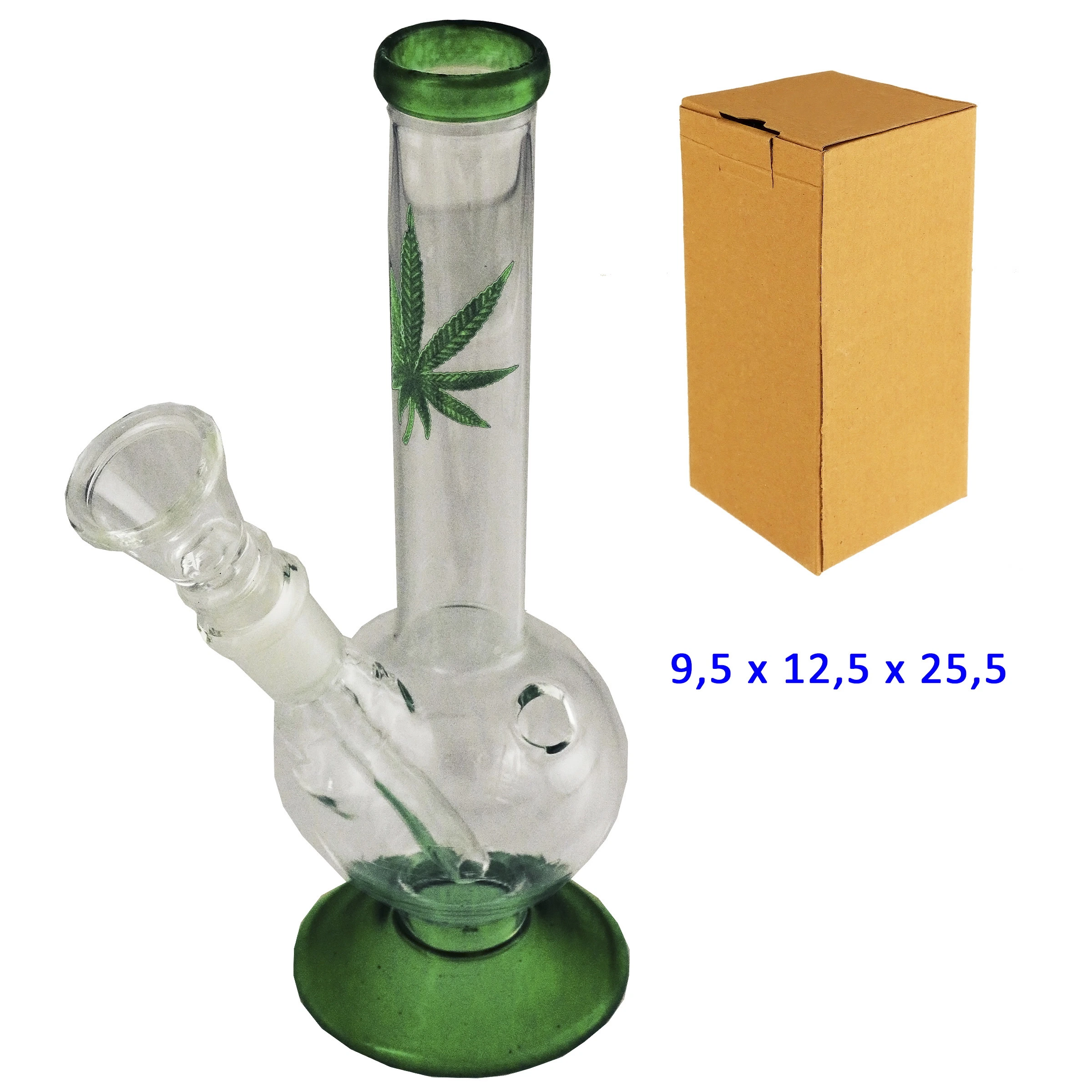Bong transparente con base y borde verdes, depósito redondo, cazoleta lateral y dibujo de hoja, junto a una caja marrón.