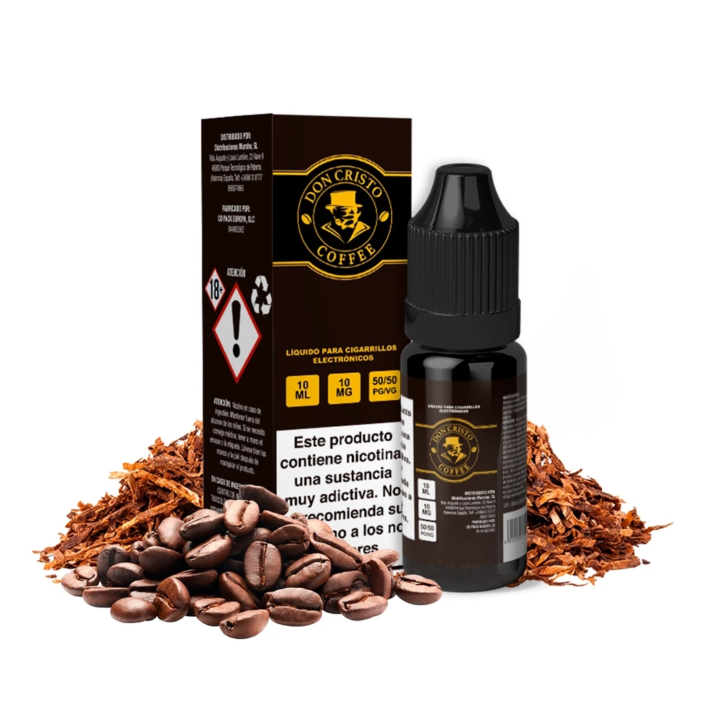Frasco y caja de Don Cristo Coffee de 10 ml, con etiquetas negras y doradas, junto a granos de café y hebras de tabaco.