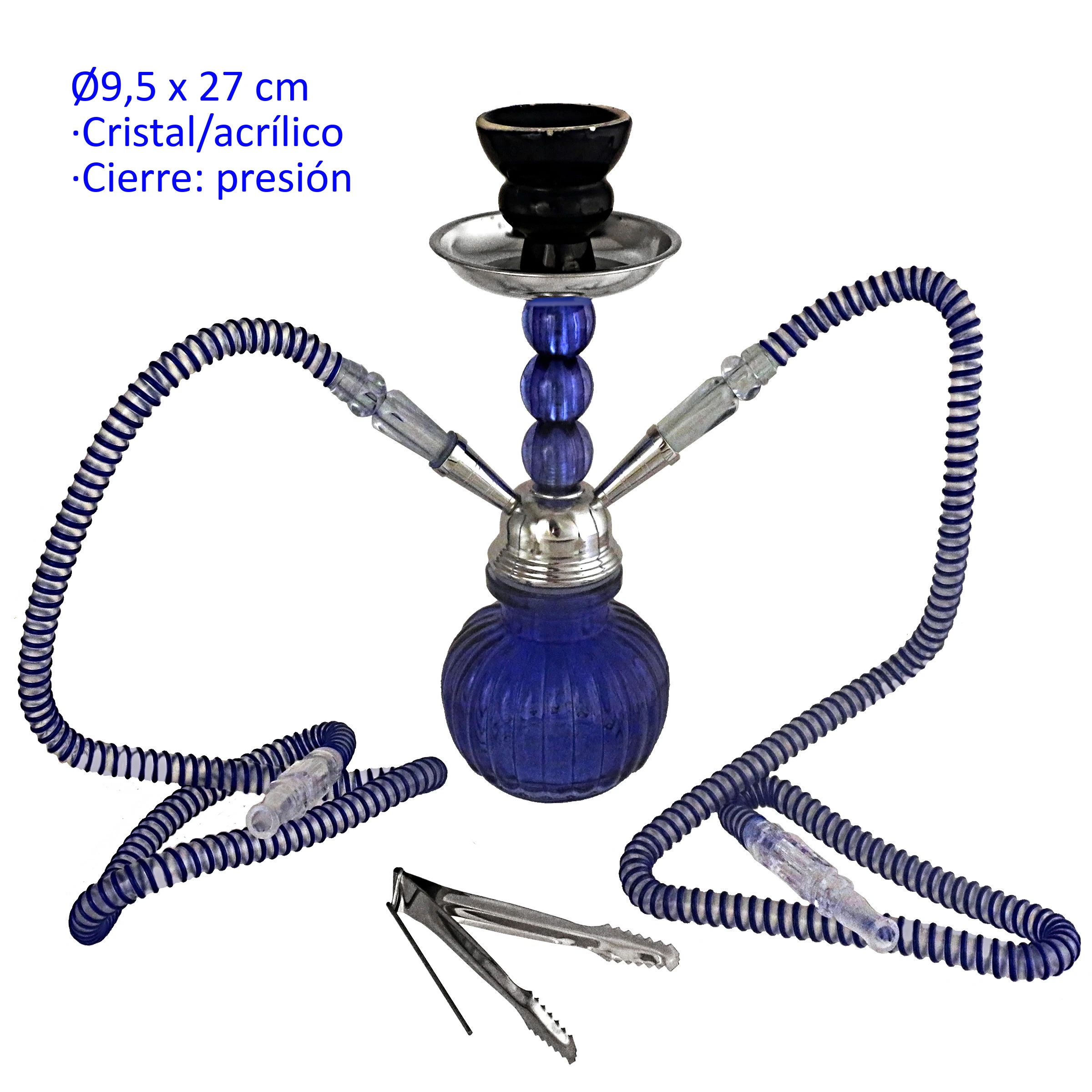 Shisha azul con base abombada, dos mangueras en espiral, cuerpo plateado, cazoleta negra y pinzas sobre fondo blanco.